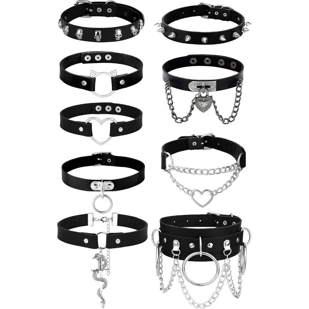 Leather Punk Goth Choker Necklace Set 6-9pcs Adjustable Love Heart Spikes